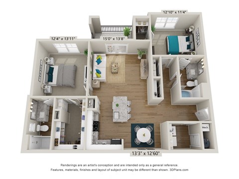Floor plan for 2 beds, 2 baths, 1175 sqft